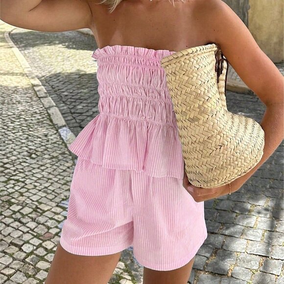 Pink Boho Womens Tropical Beach strapless Striped Bandeau Top And Shorts Set - Picture 6 of 11